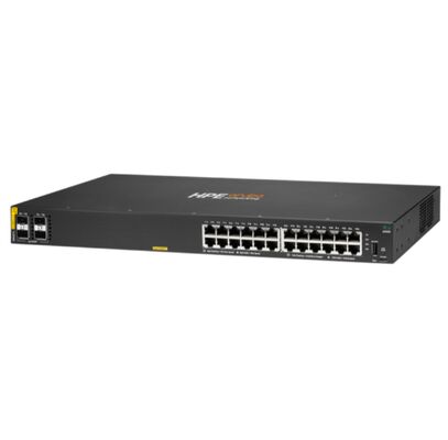 Switch gestito Aruba CX 6000 con 24 porte 10/100/1000 (PoE+) + 4 porte SFP Gigabit, budget PoE 370W e design stackable